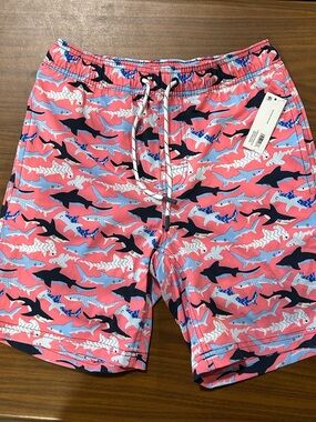 Men's Shark-Print Resort Swim Trunks in Coral Pink